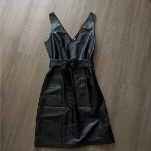 Everly Black Faux Leather V-Neck Belted Mini Dress